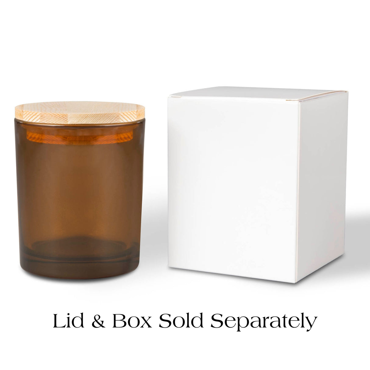 Amber glass container with wooden lid next to a white box on a white background, with text 'Lid & Box Sold Separately'.