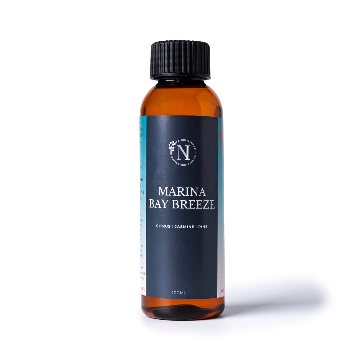 Bottle of 'Marina Bay Breeze' with a dark label on a white background