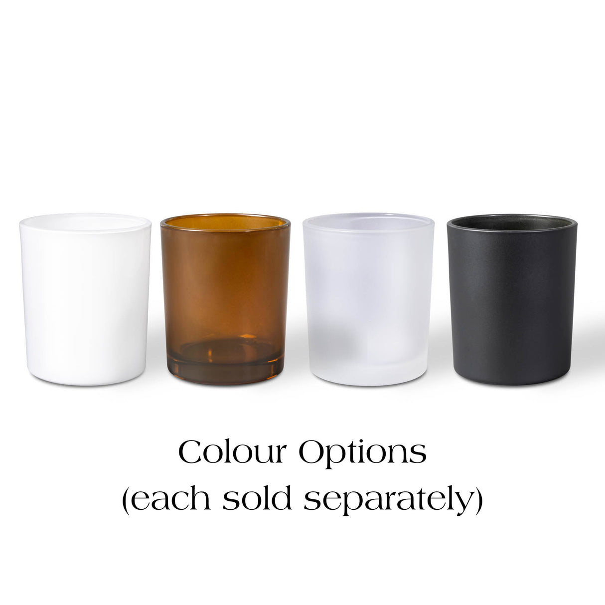 Four glass candle vessels in white, amber, frosted, and black on a white background with text indicating colour options.