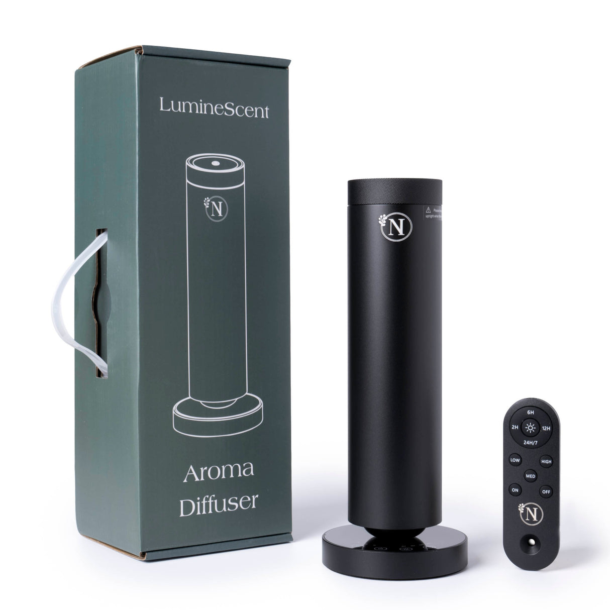 Black aroma diffuser with remote control and packaging on a white background