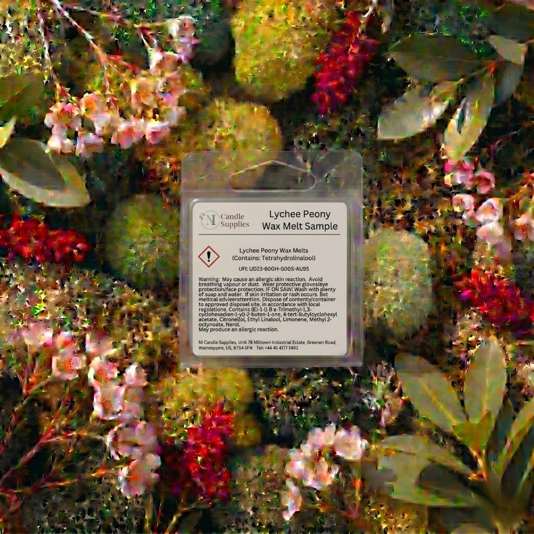 Lychee Peony wax melt sample packaging surrounded by colorful flowers and leaves