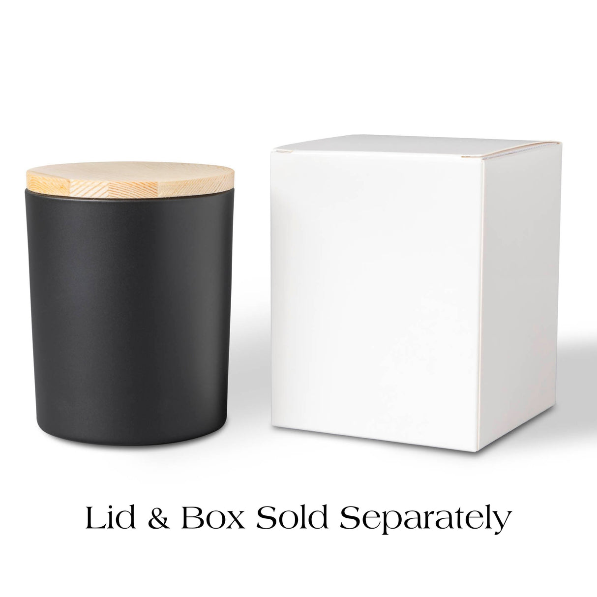 Black container with wooden lid and white box on a white background, text 'Lid & Box Sold Separately' below.