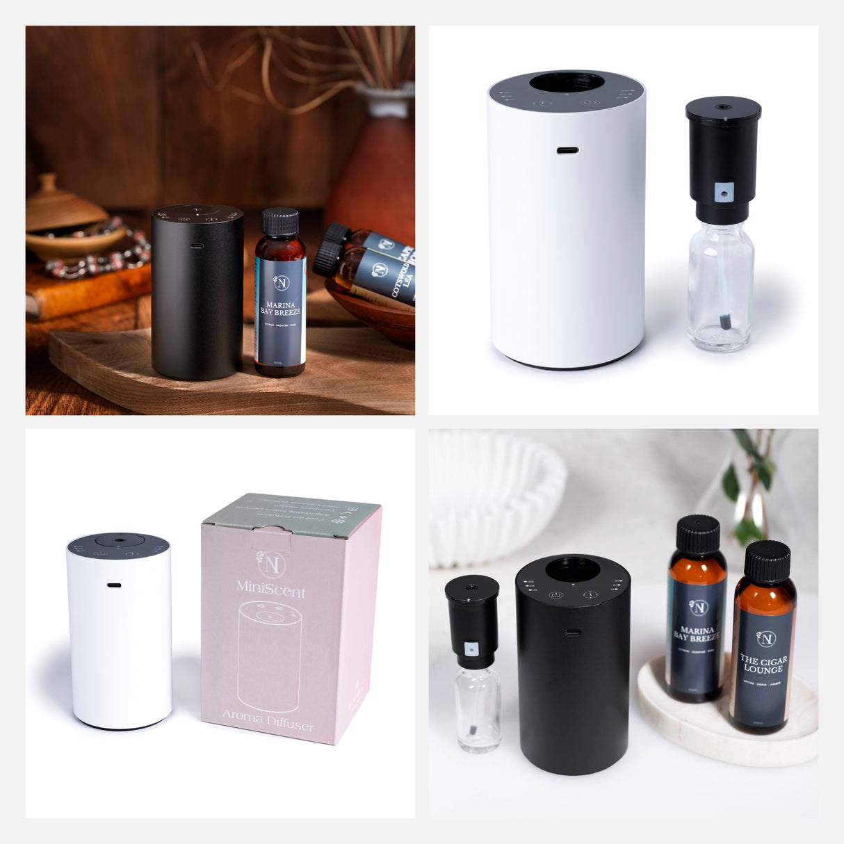 Collage of the MiniScent Waterless Aroma Diffuser by NI Candle Supplies, used in various settings.