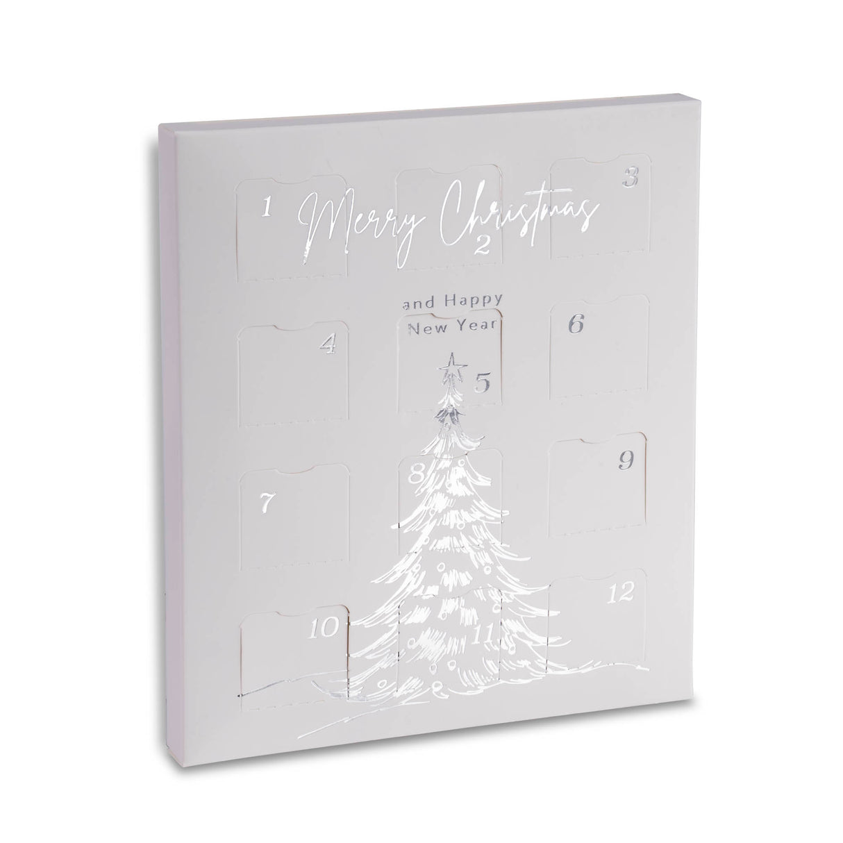 Advent calendar with a Christmas tree design on a white background