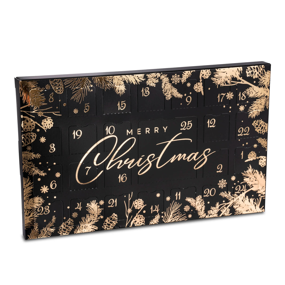 Black advent calendar with gold festive designs and 'Merry Christmas' text