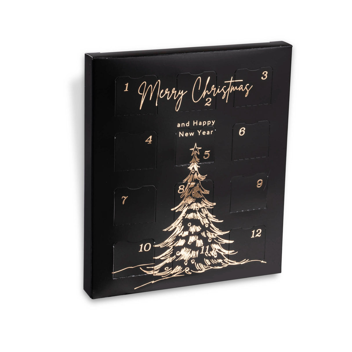 Black advent calendar with gold Christmas tree design and text on a white background