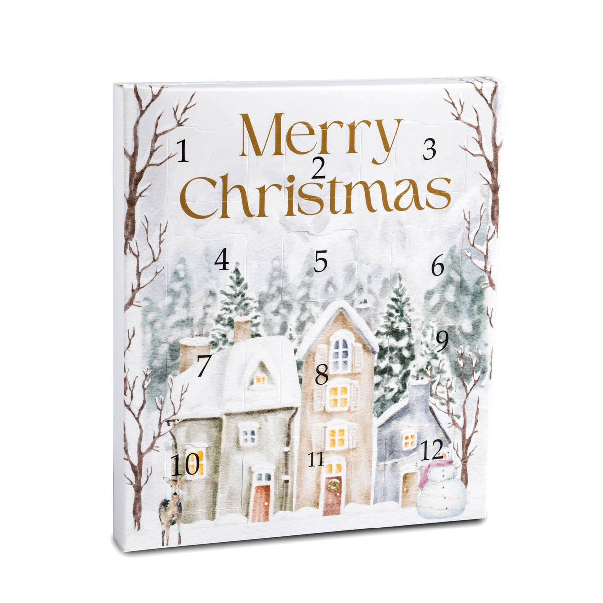 Advent calendar with winter scene and 'Merry Christmas' text