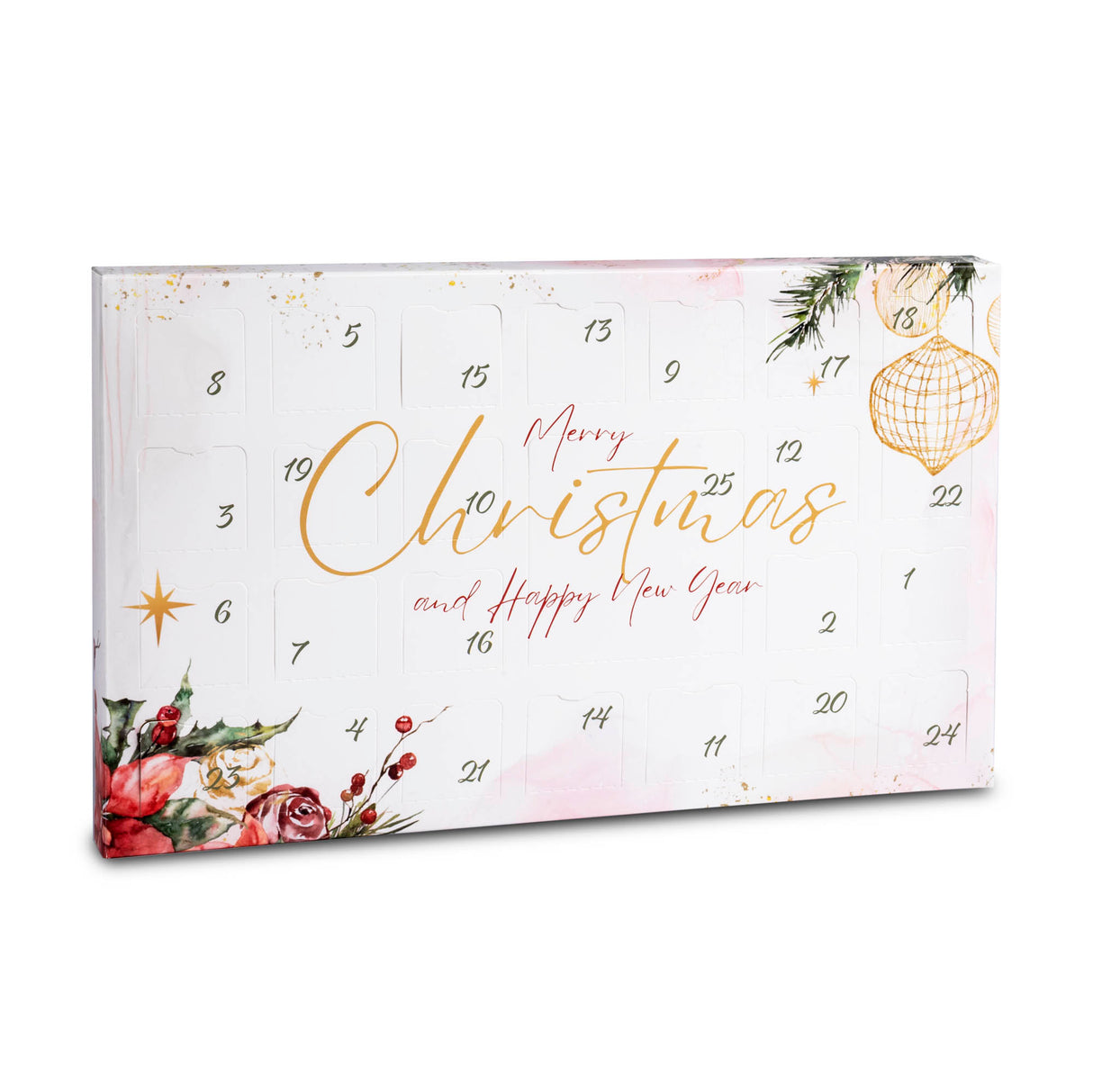 Christmas advent calendar with floral designs and gold text on a white background