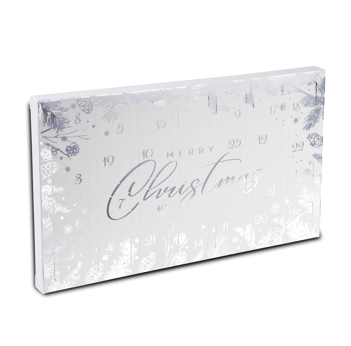 Christmas advent calendar with floral design and 'Merry Christmas' text on a white background