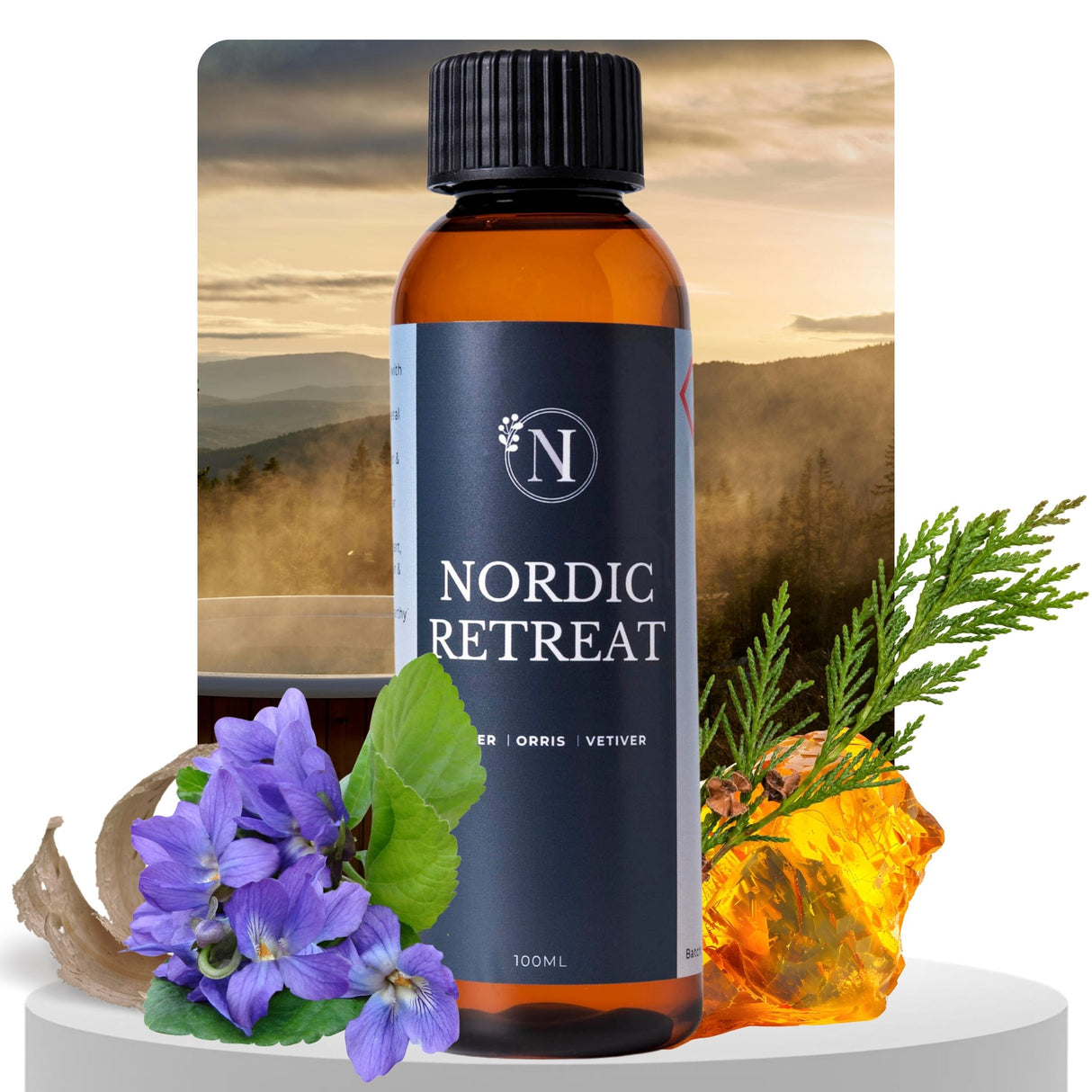 Bottle of 'Nordic Retreat' with natural elements and a scenic background