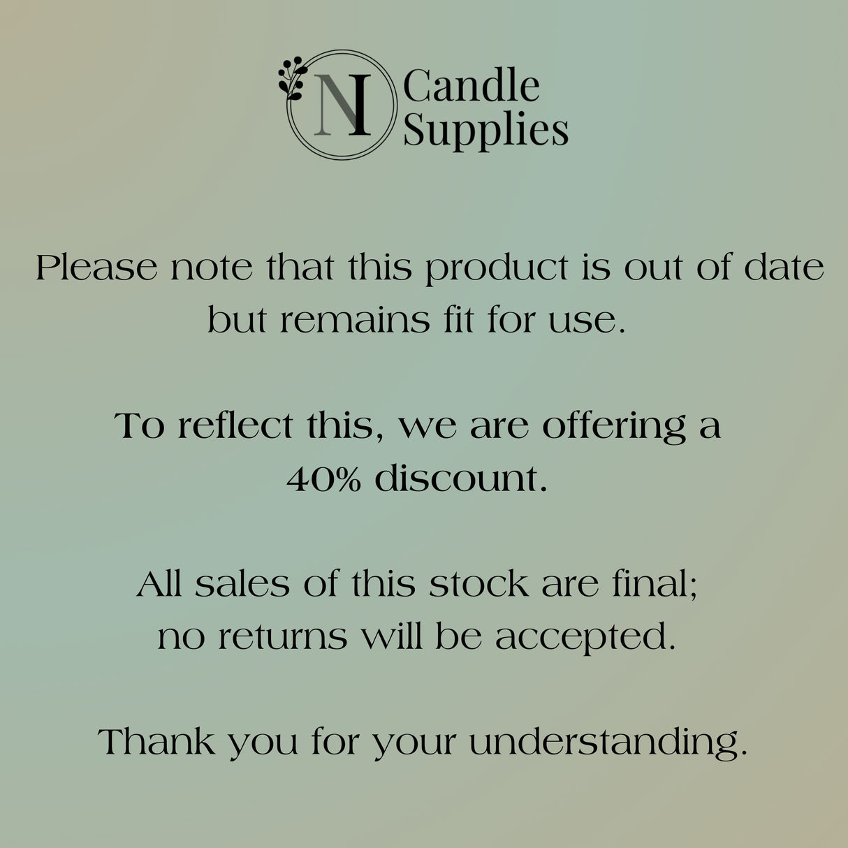 Outdated candle supply product with discount message on green background