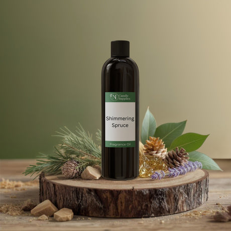 Black bottle of 'Shimmering Spruce' fragrance oil on a wooden platform with natural elements.