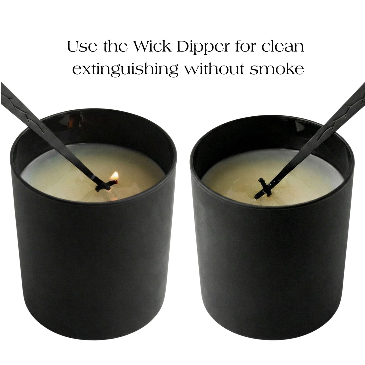 Two black candles with wick dippers in them on a white background.