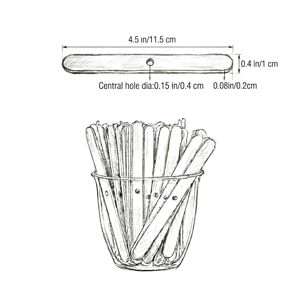 Illustration of a small glass container with wooden wick holders, showing dimensions on a white background.