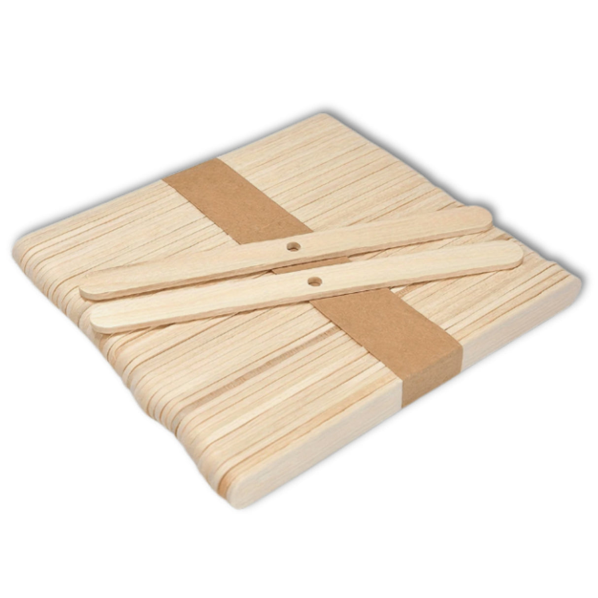 Set of wooden wick holders with a cardboard holder on a white background