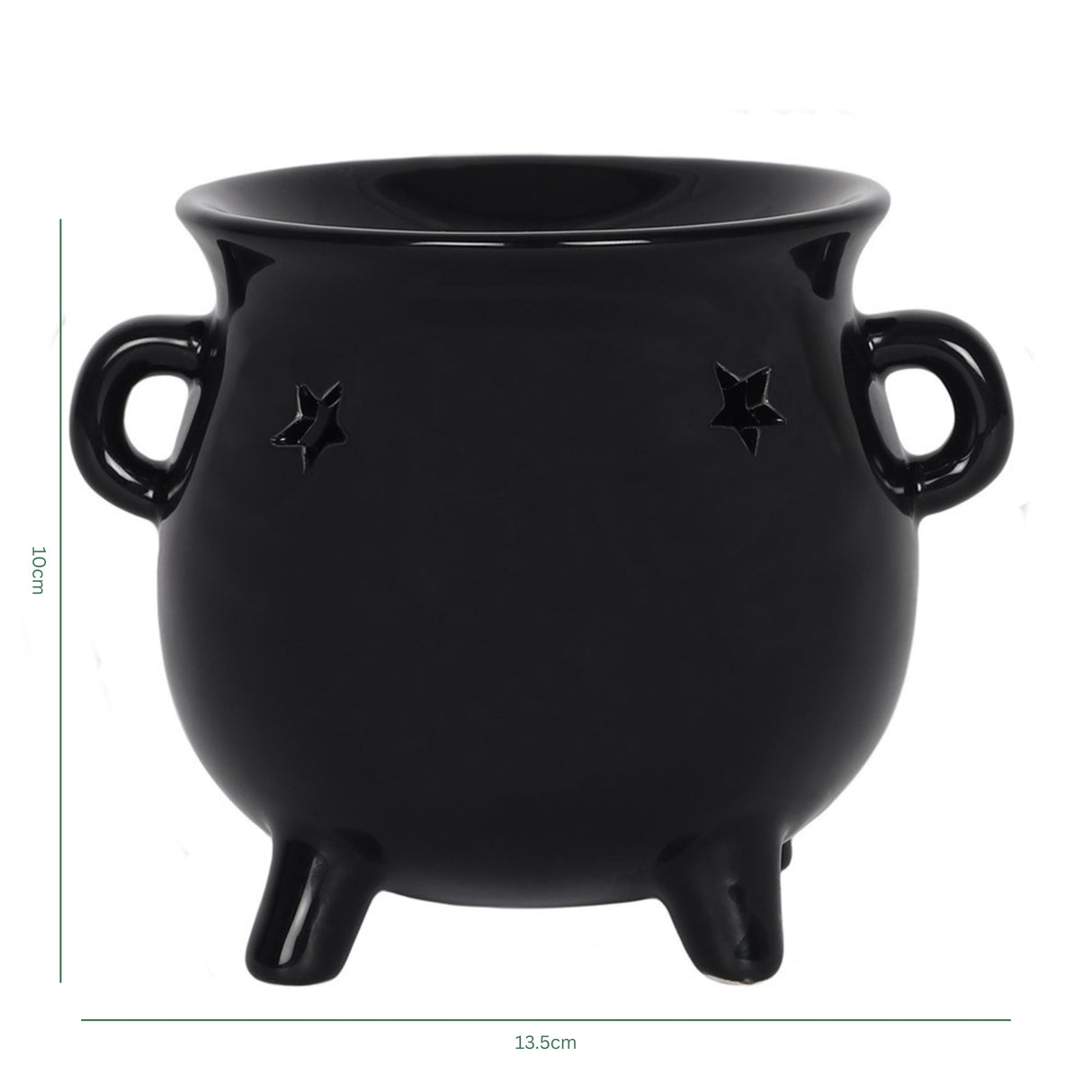 Black cauldron-shaped wax melt burner with star designs on a white background