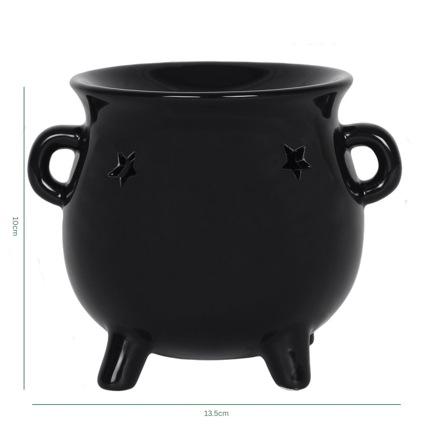 Black cauldron-shaped wax melt burner with star designs on a white background