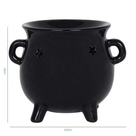 Black cauldron-shaped wax melt burner with star designs on a white background