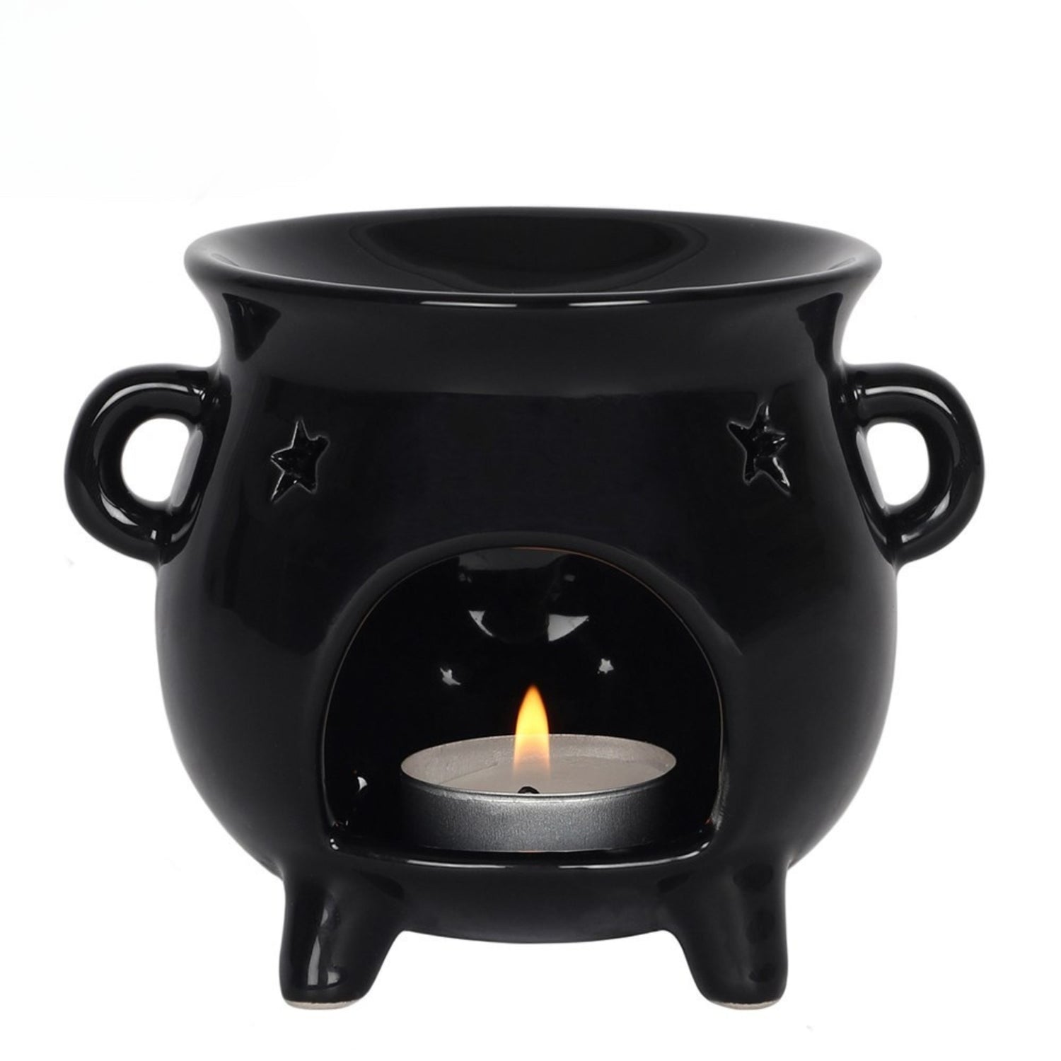Black ceramic oil burner with a lit tealight candle on a white background