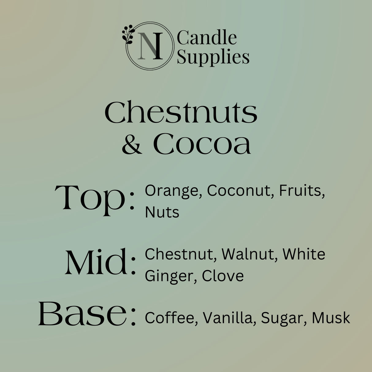 Candle supply label for 'Chestnuts & Cocoa' fragrance with notes on top, middle, and base notes.
