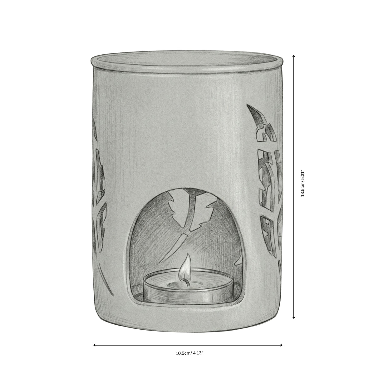 Ceramice wax melt burner with feather cut-outs on a white background