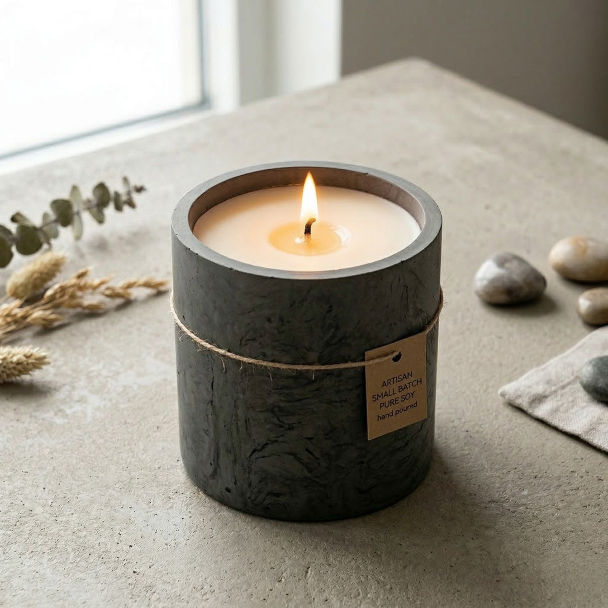 Candle in a dark container on a stone surface with eucalyptus leaves and stones in the background