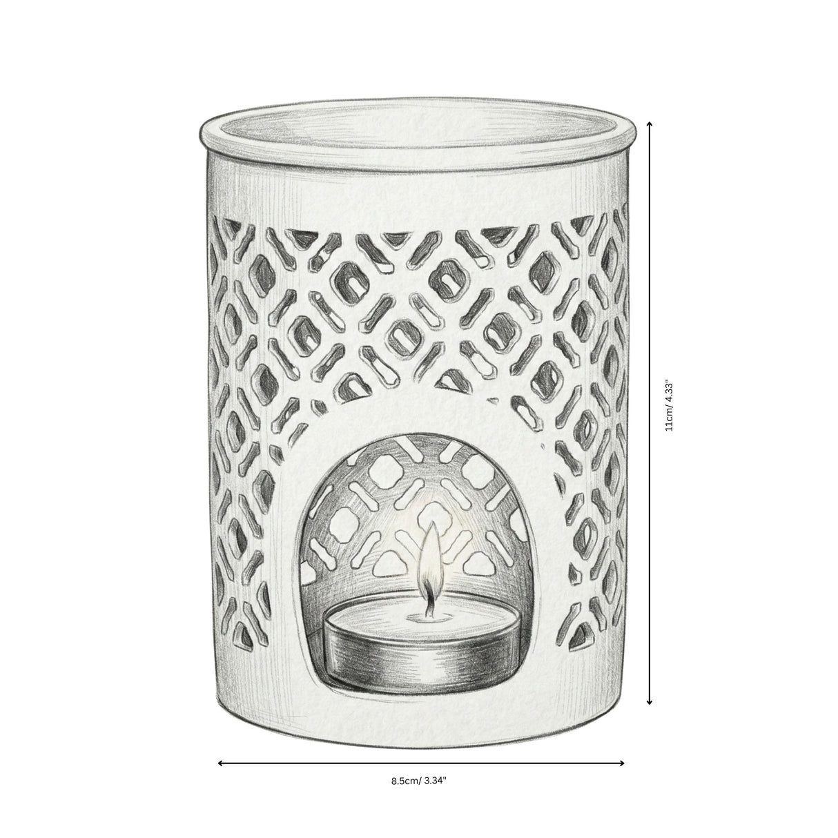 White ceramic oil burner with geometric pattern and dimensions on a white background