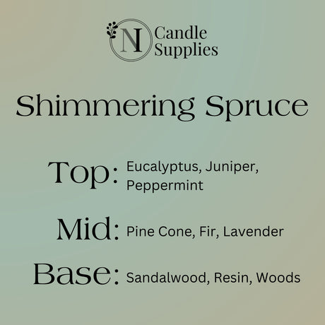 Product label for 'Shimmering Spruce' candle with fragrance notes on a light green background.