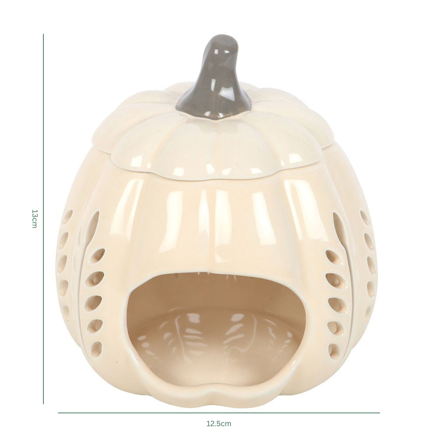 Beige ceramic pumpkin-shaped wax melter with dimensions on a white background