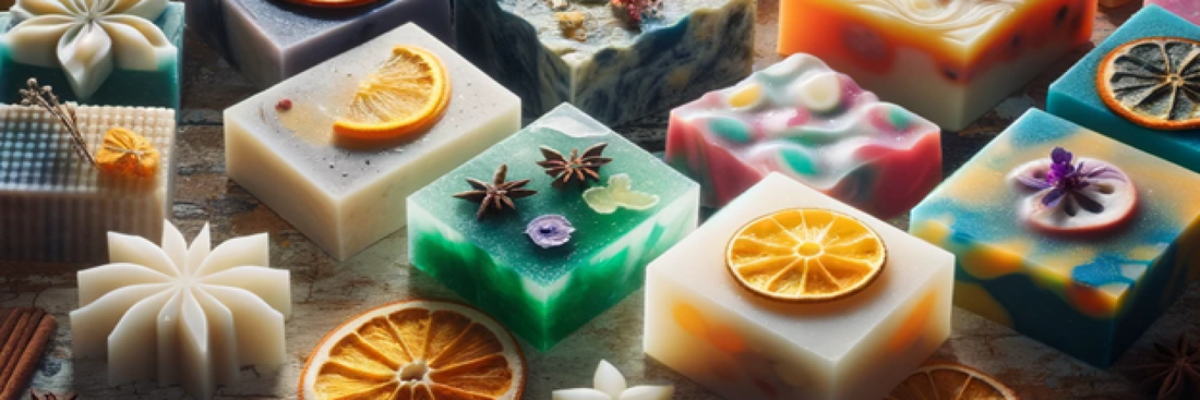 A vibrant selection of handmade soaps with natural decorative touches