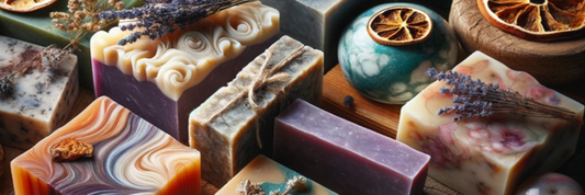 A selection of bright coloured handmade soaps, topped with dried oranges and lavender.
