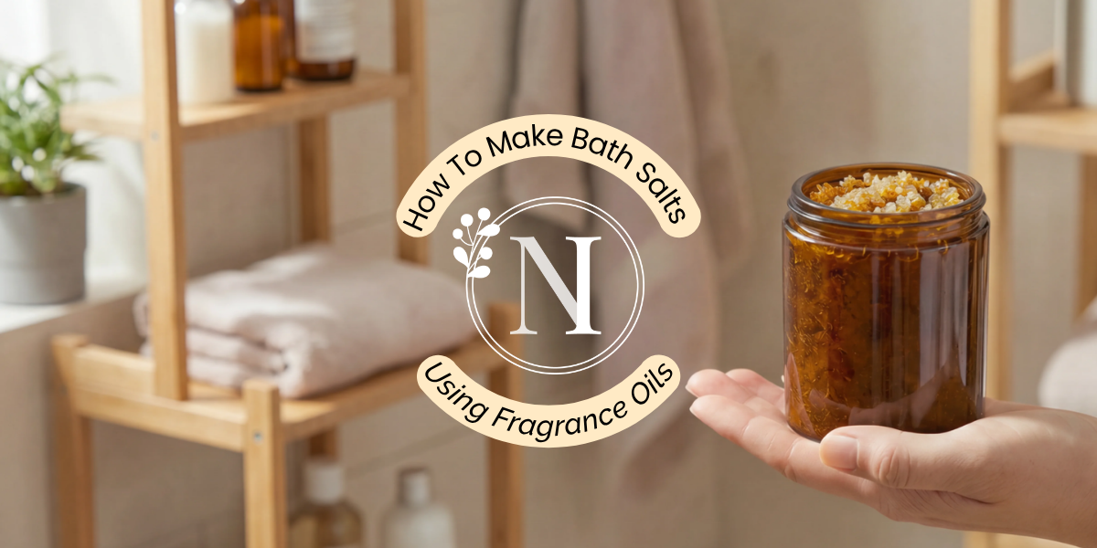 an amber glass apothecary jar containing bath salts with a modern bathroom in the background