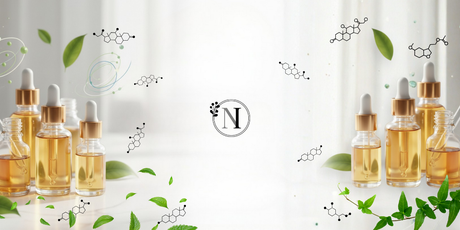 a header showcasing fragrance oils in bottles with droppers. Chemical symbols are also shown.