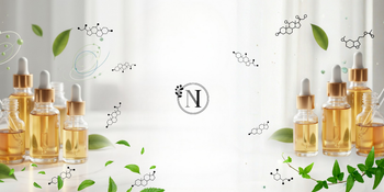 a header showcasing fragrance oils in bottles with droppers. Chemical symbols are also shown.