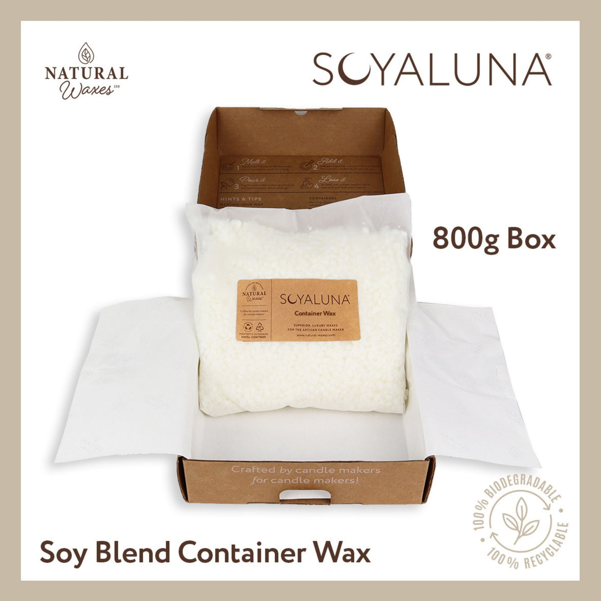 Soy blend container wax in a 800g box with SOYALUNA branding on a beige background.