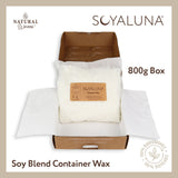 Soy blend container wax in a 800g box with SOYALUNA branding on a beige background.