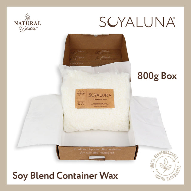 Soy blend container wax in a 800g box with SOYALUNA branding on a beige background.
