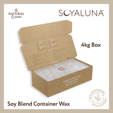 Soyaluna soy blend container wax in a cardboard box on a beige background