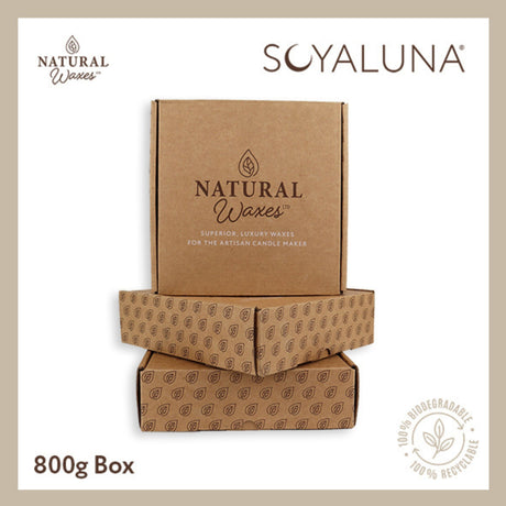 Soyaluna natural wax packaging with cardboard boxes on a beige background