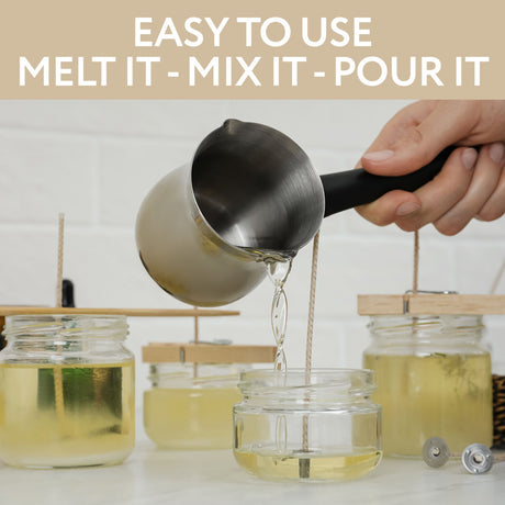 Hand pouring a liquid into a jar with text 'EASY TO USE MELT IT - MIX IT - POUR IT' on a light background.