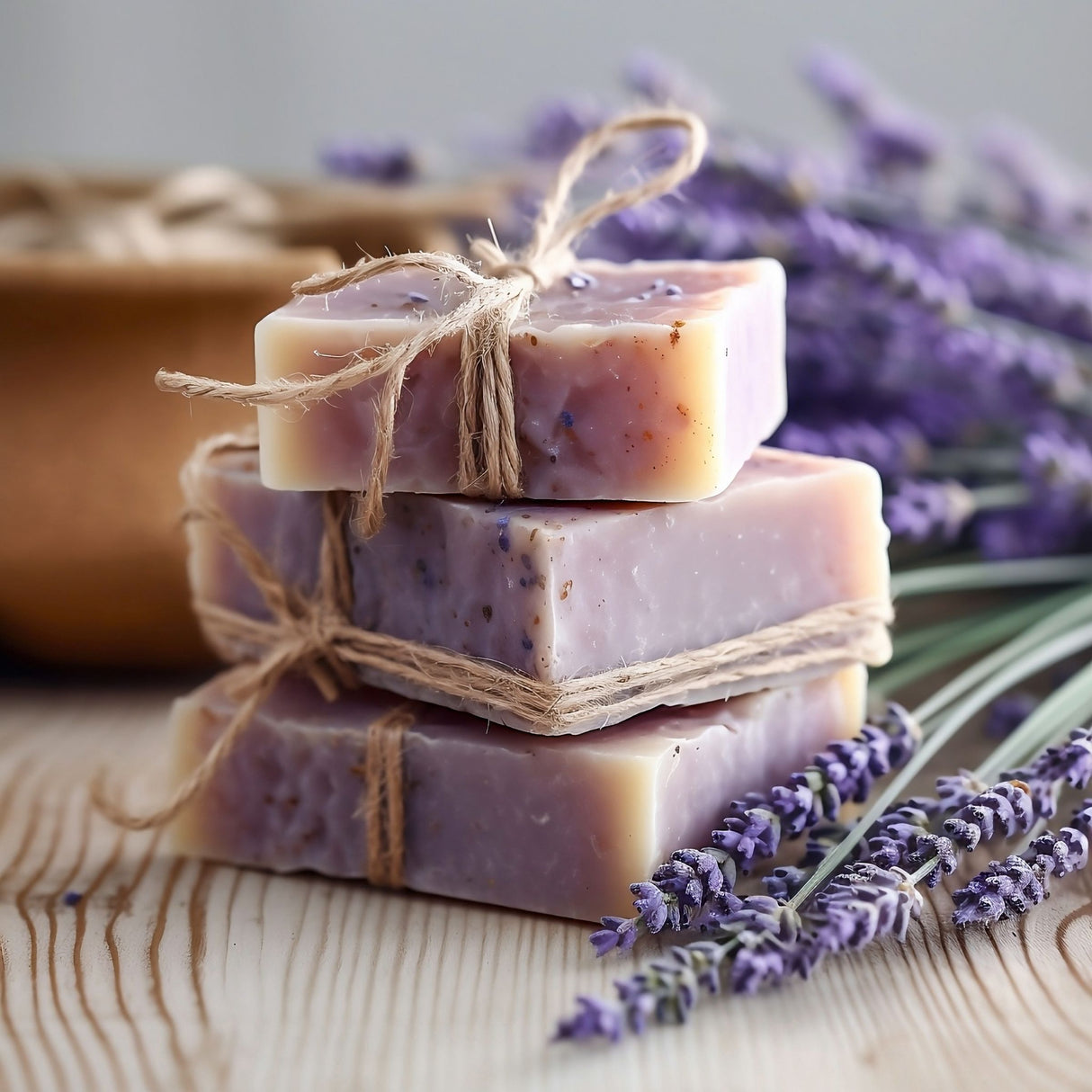 Stack of lavender-scented soap bars tied with twine on a wooden surface with lavender flowers.