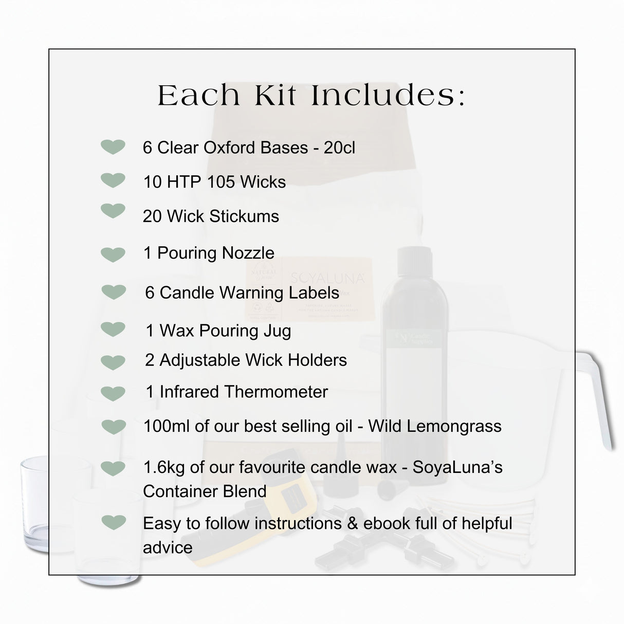 List of items included in a candle-making kit with a candle and wick in the background.