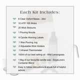 List of items included in a candle-making kit with a candle and wick in the background.
