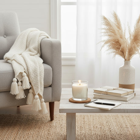 Cosy living room with a gray armchair, candle, books, and decorative vase.