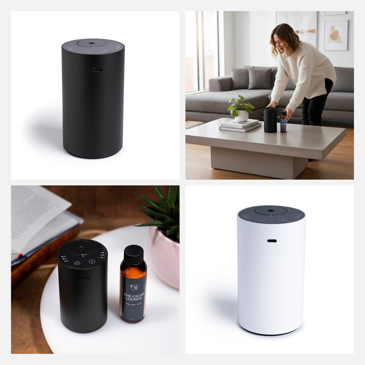 Collage of the MiniScent Waterless Aroma Diffuser by NI Candle Supplies, used in various settings.