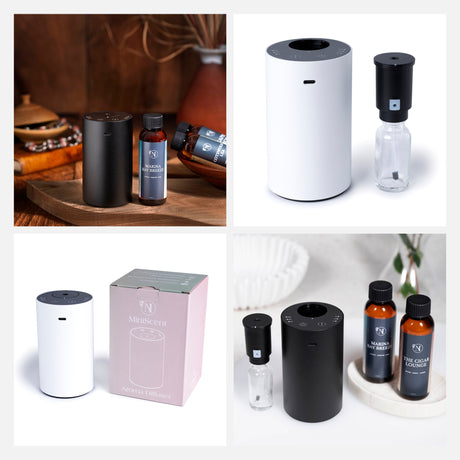 Collage of the MiniScent Waterless Aroma Diffuser by NI Candle Supplies, used in various settings.