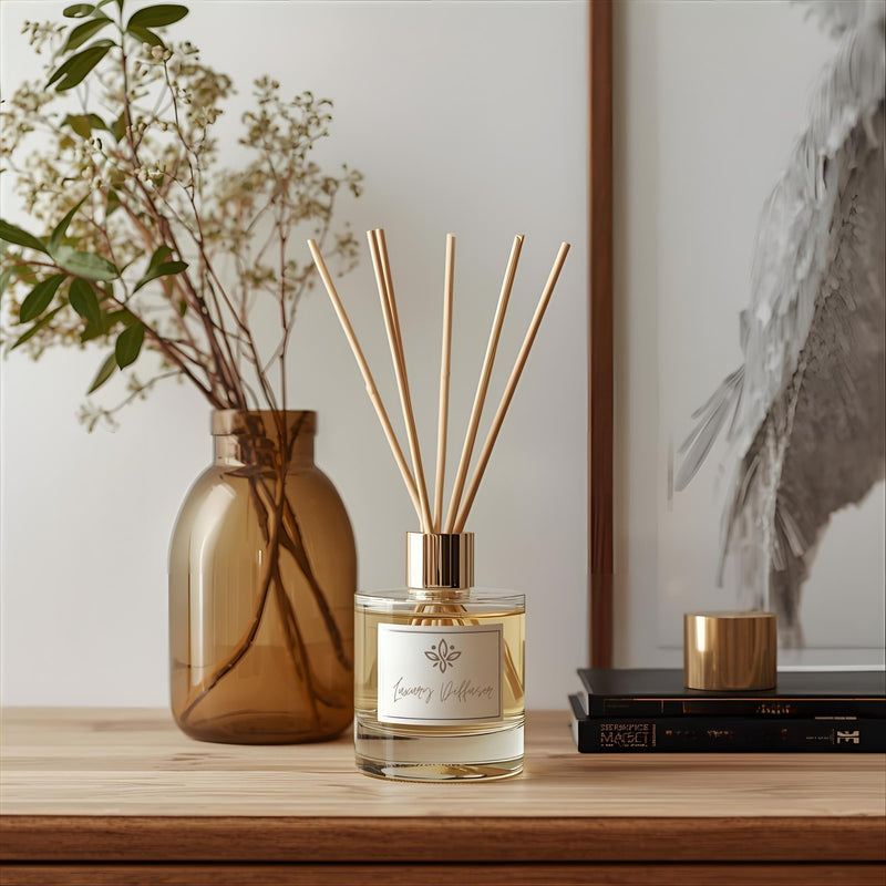 Reed diffuser on a wooden surface with a vase and decorative items in the background