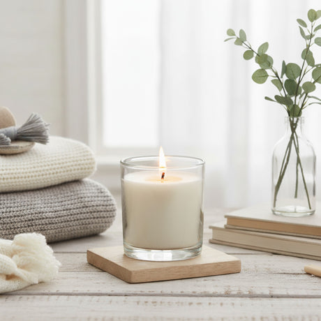 Candle in a glass jar on a wooden coaster with a vase of eucalyptus and books in the background.