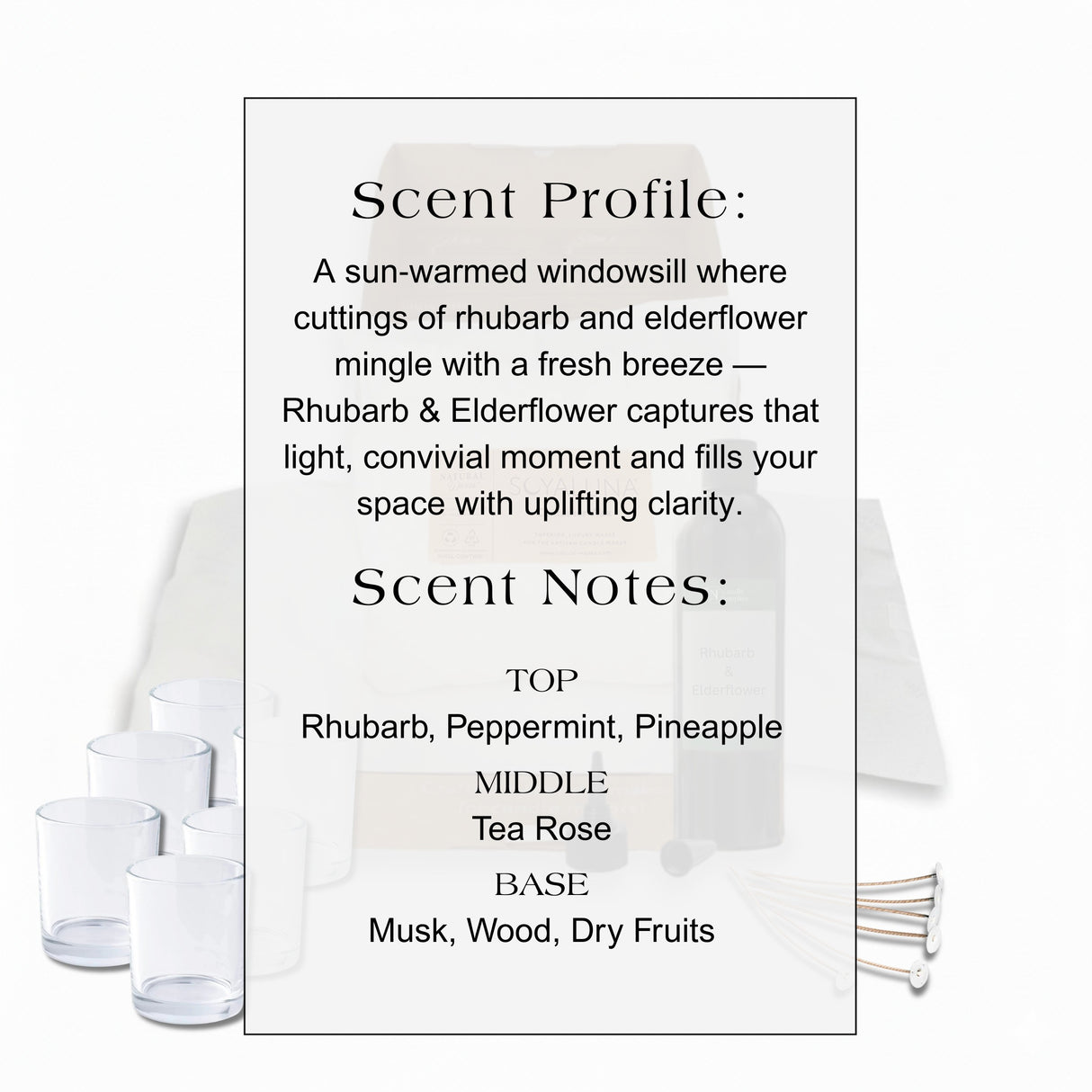 Product packaging with scent profile and notes on a white background