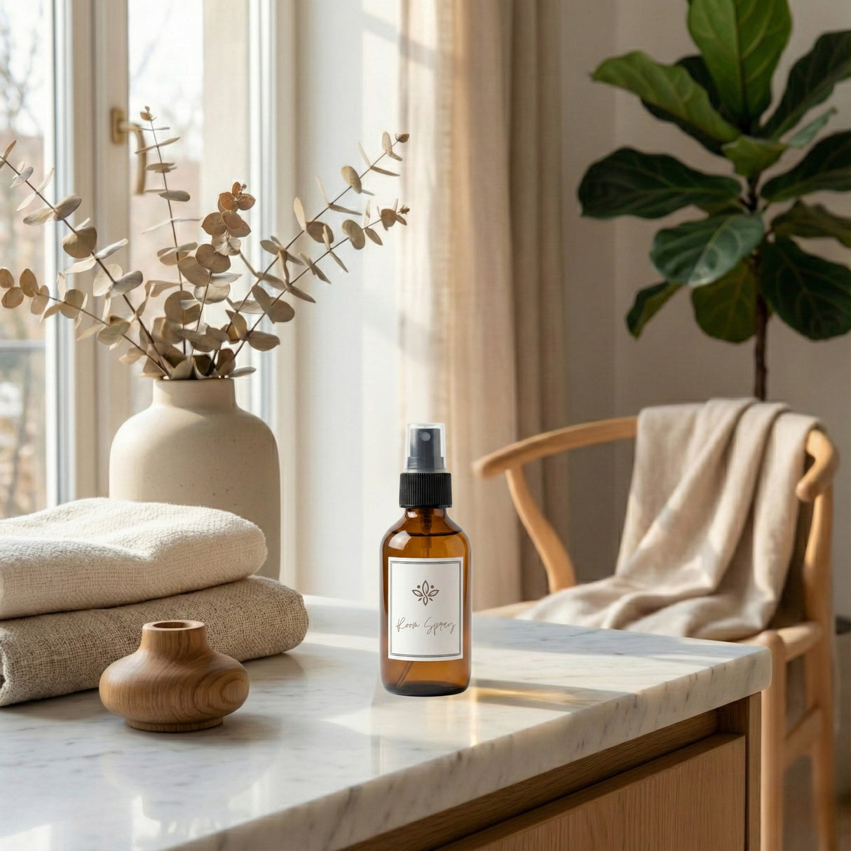 A bottle of essential oil spray on a marble surface with decorative items and a plant in the background.